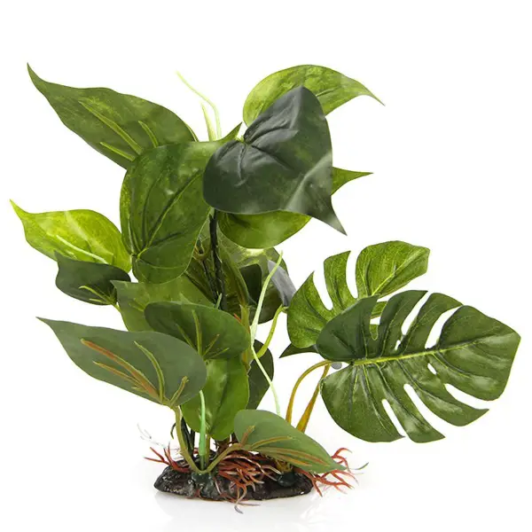Artificial plastic aquarium plant with broad leaves for allowing fish to get out of line of sight